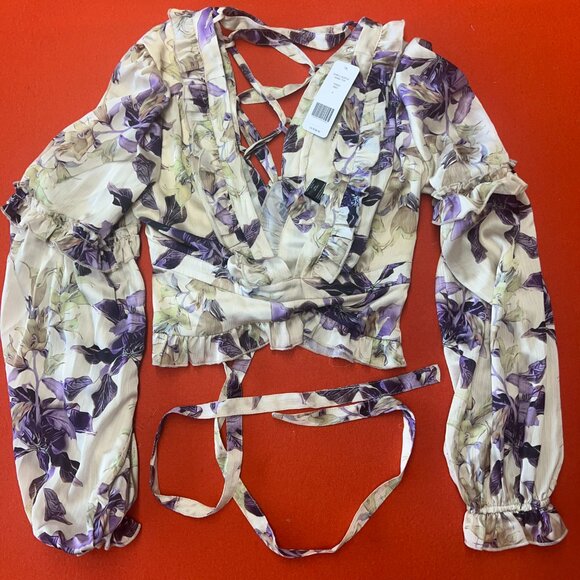 Bebe Yoryu Ruffle Wrap Top, Floral, Size 0 - Picture 3 of 5